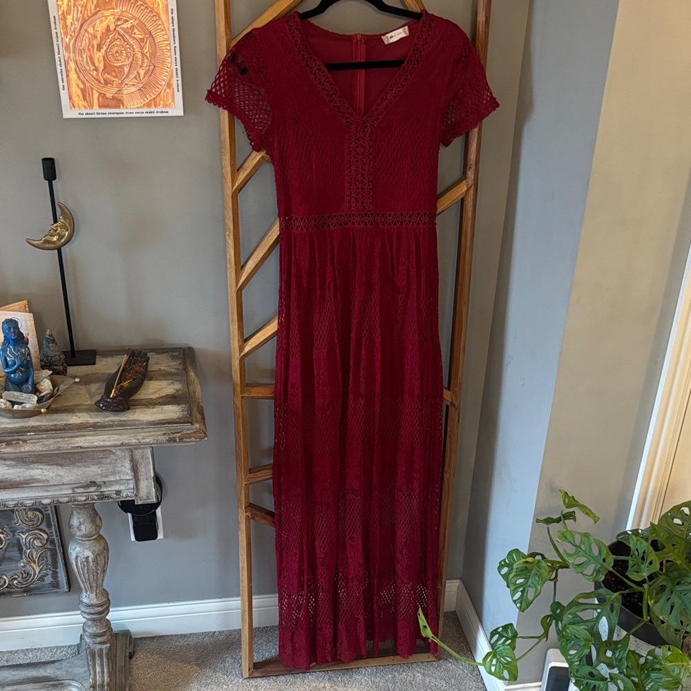 Altar’d State Elegant Red Lace Maxi Dress, full length